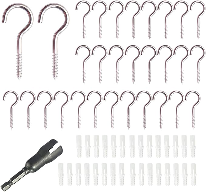 30 Pieces Stainless Steel Screw in Hooks for Hanging,Ceiling Hooks Cup Hook Screw for Hanging Christmas Lights LED Lights Outdoor Christmas Thanksgiving Decorations Indoor(Silver,1.96")