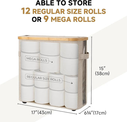 StorageWorks Toilet Paper Storage Baskets with Dual Flip Lids, Toilet Paper Organizer for Bathroom, Toilet Paper Container with Side Pocket, Holds 9 Mega or 12 Regular Rolls, Medium, Brown