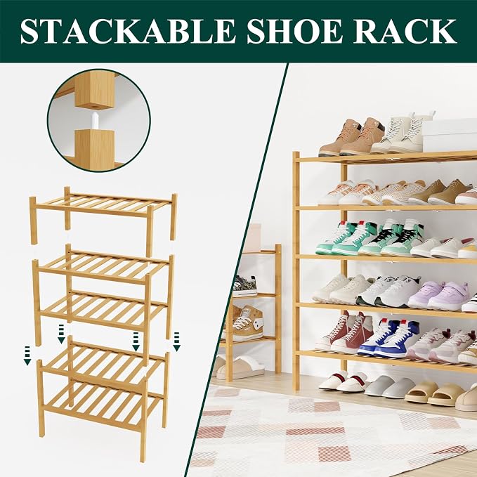 Smiry Long Bamboo Shoe Rack, 6 Tier Free Standing Wooden Shoe Organizer, Stackable Wood Shoe Storage Shelf for Closet, Entryway, 12 Vertical Slats, 2+2+2 Stack Standard Legs, 33.7"x11"x39", Natural