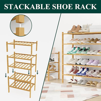 Smiry Long Bamboo Shoe Rack, 5 Tier Free Standing Wooden Shoe Organizer, Stackable Wood Shoe Storage Shelf for Closet, Entryway, 12 Vertical Slats, 2+2+1 Stack Standard Legs, 33.7"x11"x32.5", Natural