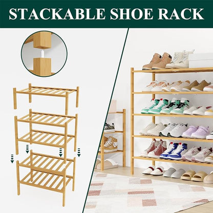 Smiry Long Bamboo Shoe Rack, 4 Tier Free Standing Wooden Shoe Organizer, Stackable Wood Shoe Storage Shelf for Closet, Entryway, 12 Vertical Slats, 2+2 Stack Standard Legs, 33.7"x11"x26", Natural