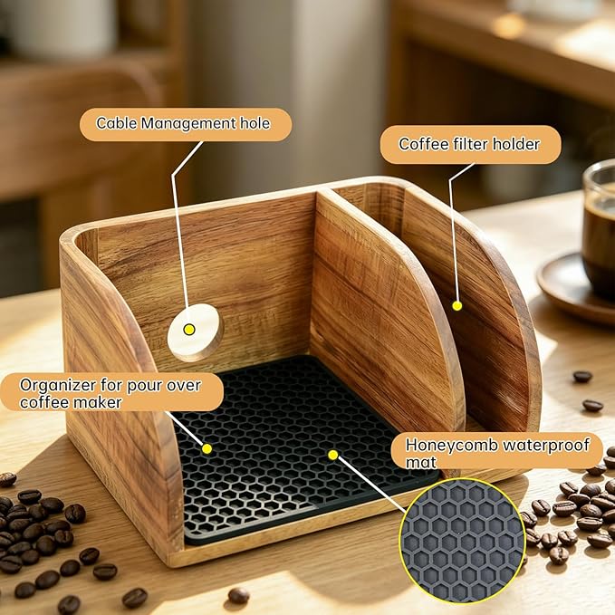 Acacia Wood Coffee Bar Station Organizer Stand, Wooden Pour Over Maker Caddy Storage Organizers, Coffee Filter Holder for Countertop with Heatproof Mat (9.4*7*5.1 inch) Glass Coffee Maker not included