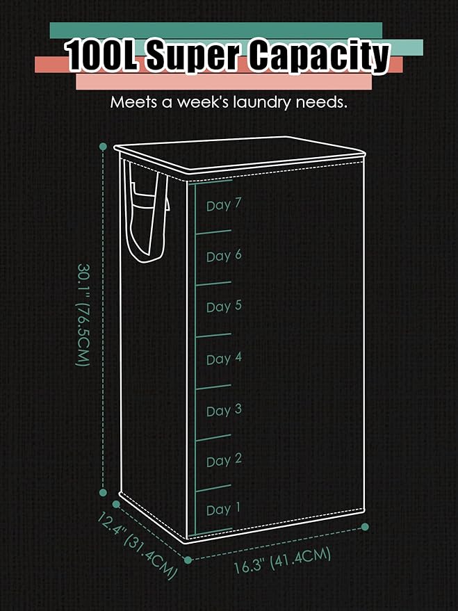 WTREE Laundry Hamper with Lid, Reinforced Sturdy Clothes Hamper with Anti-Puncture Base, Large Collapsible Laundry Basket with Removable Liner Bag, Tall Dirty Clothes Bin for Family, 100L Cream