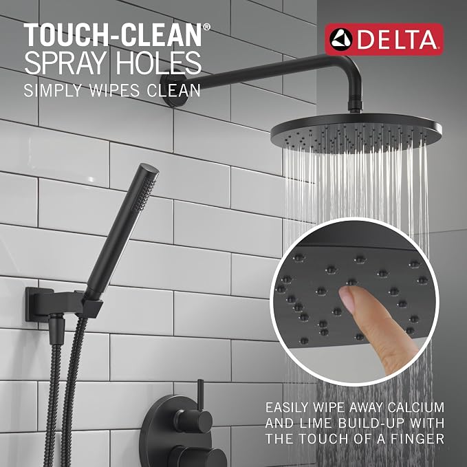 Delta Modern 14 Series Round Rain Shower System Faucet Set, Rainfall Matte Black Shower Head and Handle Set, Valve Trim Kit, 10 Inch, Matte Black T342702-BL (Valve Not Included)