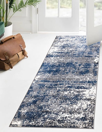 Keen Home Design Runner Rugs - 32"x91" Non-Shedding, Thick Pile Abstract Rugs for Kitchen, Living Room, Bedroom, Dining Room, Entryway - Size: 2'8" x 7'7", Abstract Navy/Gray