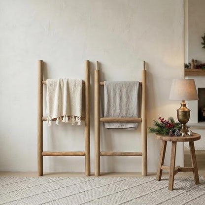 Wooden Blanket Ladder - 76in Natural Wood Color- Leaning Wall Decor for Bedroom, Bathroom, Living Room - Rustic Quilt Holder (Natural Wood Color (Knock Down), 76in | Knock Down)