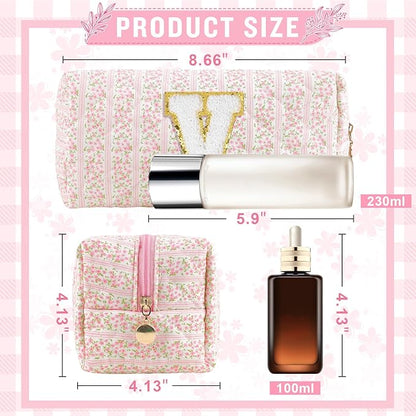 Personalized Quilted Cosmetic Bag, Puffy Monogrammed Christmas Birthday Gifts for Women & Girls, Cute initial Floral Makeup Bag Puffer Coquette Bag, Aesthetic Travel Toiletry Zipper Pouch(Pink,V)