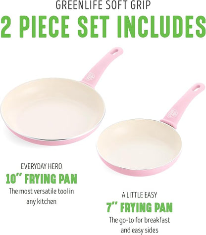 GreenLife Non Stick Fry Pan Set (7" & 10"), Non-Toxic PFAS-Free Ceramic Skillets, Dishwasher & Oven Safe, Egg Omelet Frying Pans, Stay- Cool Handles, Kitchen Home Cooking Essentials, Pink