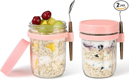 16oz Glass Mason Overnight Oats Jars, Cereal, Yogurt, Salad Lunch,Glass Overnight Oats Containers with Lids and Spoon, Container with Measurement Marks - (Pink-2Pcs)