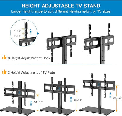 PERLESMITH Universal TV Stand for 32-82 inch LCD LED OLED 4K Flat Screen TVs-Height Adjustable TV Mount Stand with Tempered Glass Base, VESA 600x400mm, Holds up to 99lbs PSTVS11