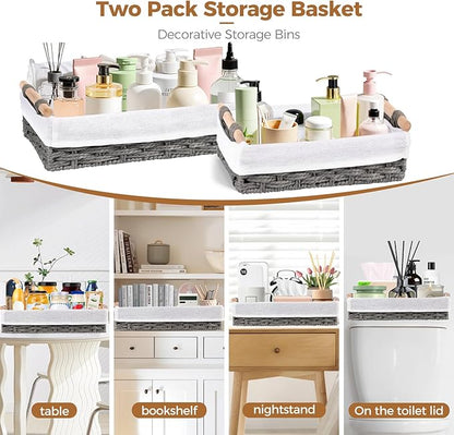 HomeHacks 2 Pack Storage Basket Paper Rope Baskets for Organizing with Handle Decorative Storage Bins for Countertop Toilet Paper Basket for Toilet Tank Top Large Baskets, Grey