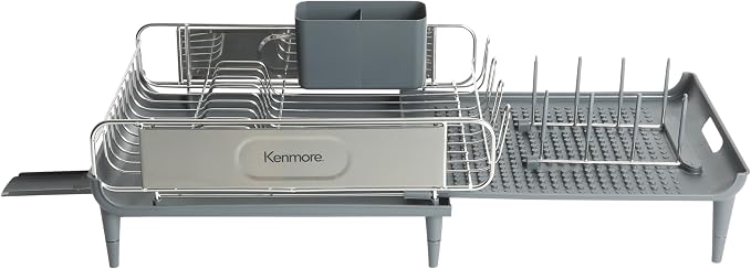 Kenmore Loxdell Expandable Full Size Rust Resistant Dish Rack with Drain Board and Flatware Caddy