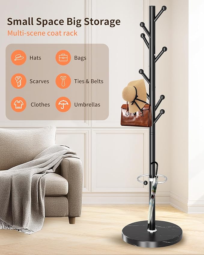 ZOZOE Metal Coat Rack Stand, Modern Coat Rack Freestanding with Natural Marble Base, Sturdy Industrial Coat Racks with 8 Hooks & Umbrella Holder,Black Coat Tree Hanger Stand for Entryway,Office