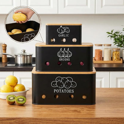3 Pack Potato Onion Garlic Storage Set, Metal Vegetable Storage Bins with Aerating Holes Bamboo Lids, Large Capacity Kitchen Canister Black Food Container for Countertop, Pantry