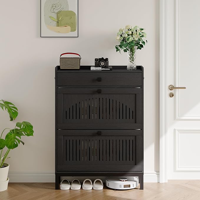 Garvee 2 Flip Drawer Shoe Cabinet with Adjustable Shelves, Hidden Shoe Organizer with Top Drawer, Freestanding Wooden Shoe Rack for Entryway, Hallway, Living Room, Black