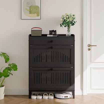 Garvee 2 Flip Drawer Shoe Cabinet with Adjustable Shelves, Hidden Shoe Organizer with Top Drawer, Freestanding Wooden Shoe Rack for Entryway, Hallway, Living Room, Black