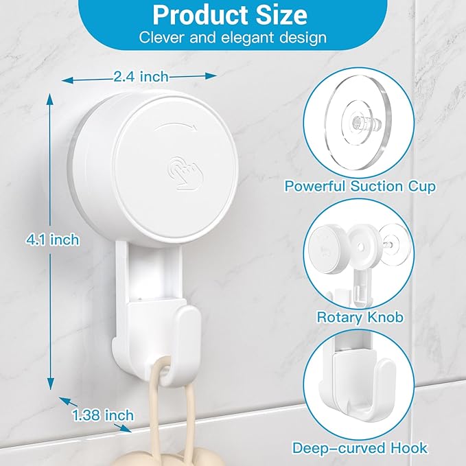 LUXEAR Heavy Duty Waterproof Shower Hooks 4 Pack - Suction Hook, No Drill Damage-Free Removable Reusable Wall Hooks for Bathroom Kitchen Towel Bathrobe Loofah Shower Hooks (Max Load 11LB/5KG)