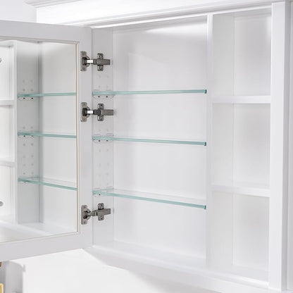 WELLFOR40 x 32" Bathroom Medicine Cabinet with 3-Tier Adjustable Shelves, Recessed Solid Wood Medicine Cabinet with Mirrors, Wood Miiror Cabinet with 1 Soft-Close Door and Open/Built-in 7 Shelves