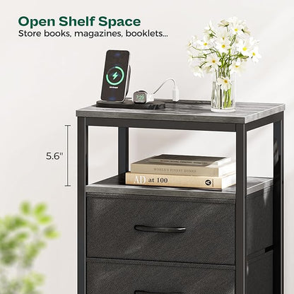 Huuger Night Stand with Charging Station, 4 Drawer Dresser for Bedroom, Bedside Table, 33.9 Inch Tall Nightstand with Open Shelf, End Table, for Closet, Entryway, Bedroooom, Gray