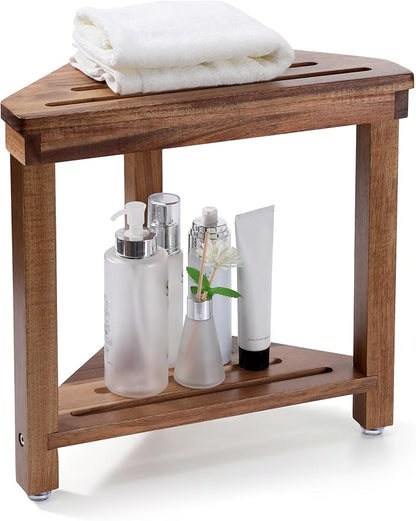 Boulphia Shower Foot Rest 14in, Acacia Wood Shower Stool for Shaving Legs, Waterproof Corner Shower Stool with Storage Shelf for Inside Small Shower Spaces, Wood Color