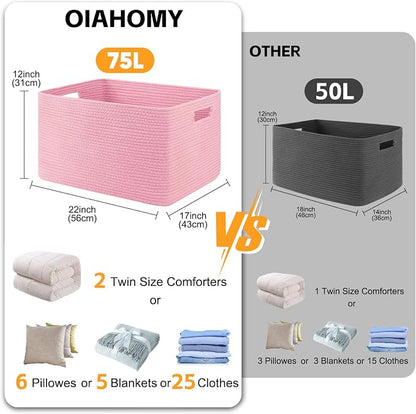 OIAHOMY 75L Blanket Basket, Woven Cotton Rope Basket for Organizing 22”x17”x12”, Used for Living Room, Bedroom, Nursery, Pink