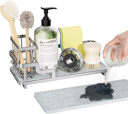 Consumest Sponge Holder for Kitchen Sink - Sink Caddy Organizer with Water Absorbing Stone Tray, Detachable Brush Holder, Stainless Steel Kitchen Counter Organizer Rack, Silver