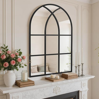 Arched Window pane Wall Mirror 30"x48", Window Shaped Farmhouse Style with Aluminum Frame, Decorative Wall Mirror Leaning Hanging for Living Room, Courtyard, Bedroom, Entryway, Black