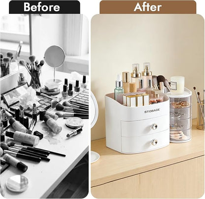 XIAPIA Makeup Organizer Countertop, Make Up Organizer for Vanity, Skincare & Cosmetic Organizers with Drawers, Bathroom Organizers Storage for Brush Holder|Lipstick|Jewelry, Ideal Gift for Women WHITE