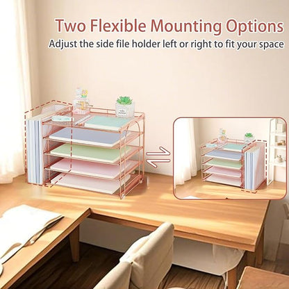 AUPSEN Rose Gold Desk Accessories Organizer,5-Tier Desktop Paper File Organizer with Adjustable File Holder, Office Desk Accessories for Office Supplies