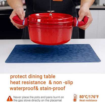 Vinyl Placemats Set of 6 Heat Resistant Easy Clean Non-Slip Place Mats for Dining Table Faux Leather Waterproof Stain Resistant Wipeable Washable PVC Table Mats(6, Blue)