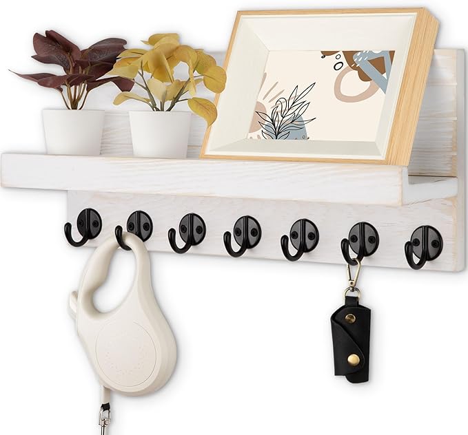 Key Holder Wall Mount, Entryway Key and Mail Holder with 7 Sturdy Hooks for Sunglasses, Dog Leash, Decorative Wall Shelf with Mounting Hardware, 15”W x 6.7”H x 4.2”D