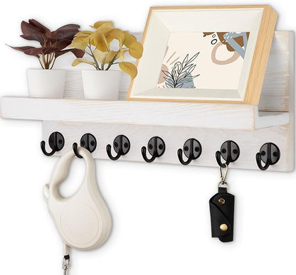 Key Holder Wall Mount, Entryway Key and Mail Holder with 7 Sturdy Hooks for Sunglasses, Dog Leash, Decorative Wall Shelf with Mounting Hardware, 15”W x 6.7”H x 4.2”D