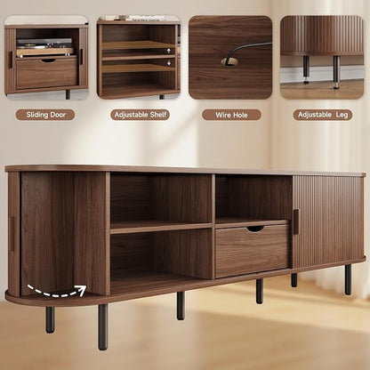 69" Mid-Century TV Stand with Power Outlet, Fluted Entertainment Center with Storage Drawer, TV Console with Sliding Door and Adjustable Shelves, TV Stand up to 80" for Living Room, Bedroom, Walnut
