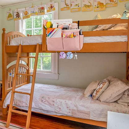 Bedside Storage Organizer 5 Pockets with 4 Hooks Hanging Storage Bag for Headboards/Bunk Bed (Pink)