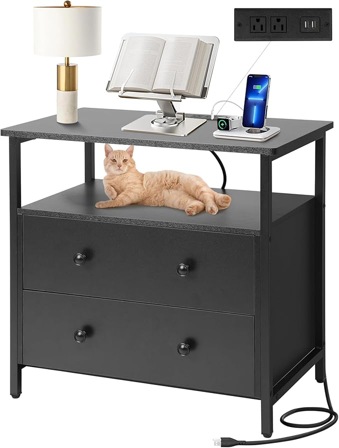 27 inch Wide Night Stand with Charging Station, Bedside Table with Open Shelf, 2 Drawers Small Wood Dresser, Modern Wood Nightstand for Bedroom/Living Room (Black)