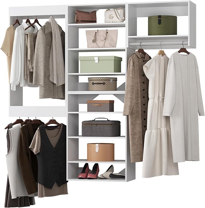 Modular Closet System, 90" Wide Closet Organizer System with Towers and Hanging, Wood Closet Tower Storage for Walk In Closets, Wall Mounted Wardrobe Organizer Kit System, Bedroom, White