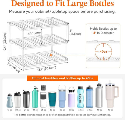 Lifewit Stackable Bottle Storage Organizer, Clear Freestanding Wine Holder for Cabinet, Large Slot Water Bottle Tumbler Cup Organizer for Pantry, Plastic Wine Rack for Fridge Cellar, 3Tier Hold 9