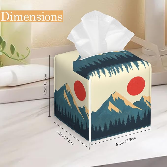 Tissue Box Cover,Boho Mountains Sun Leather Tissue Holder Organizer Portable Square Decorative Facial Paper Case for Home Office Bathroom Vanity Countertop