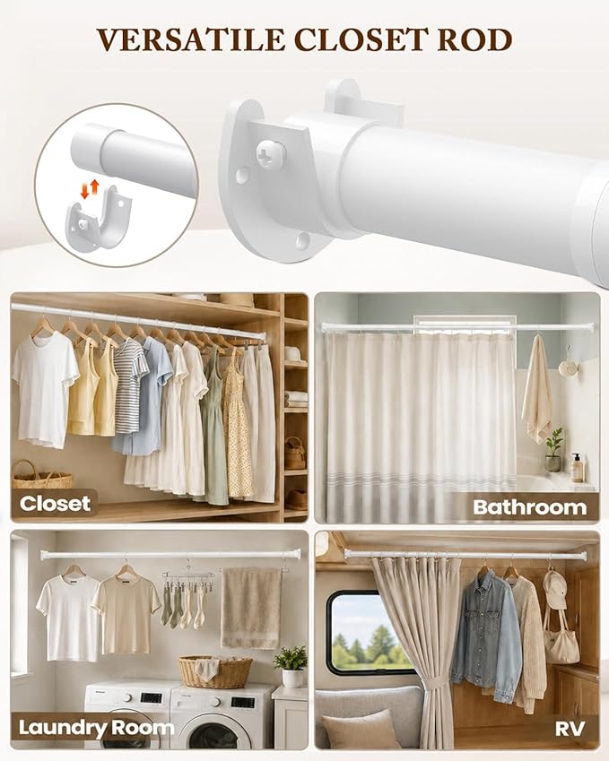 Heavy Duty Closet Rod, 17-39 IN Closet Rods for Hanging Clothes, White
