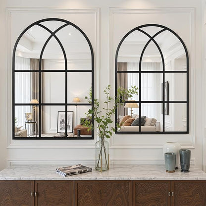 Arched Window pane Wall Mirror 30"x48", Window Shaped Farmhouse Style with Aluminum Frame, Decorative Wall Mirror Leaning Hanging for Living Room, Courtyard, Bedroom, Entryway, Black