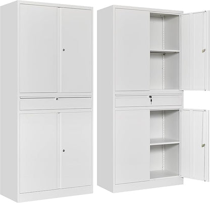 SISESOL White Metal Storage Cabinet with Drawer and Locks,Garage Storage Cabinet with Locking Doors and Adjustable Shelves,71" Tall Large Metal Cabinets with Magnetic Door for Home,Office,Garage