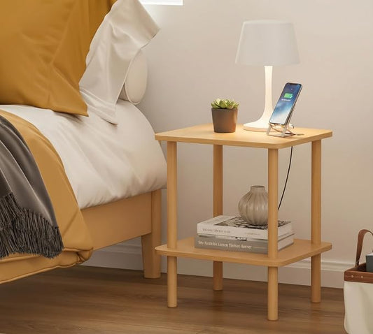 FORAOFUR End Table with Charging Station, Small Tables for Small Spaces in Living Room, Bedroom &Office, Nightstand Bedside Table with Solid Wood Legs, No Assembly Required