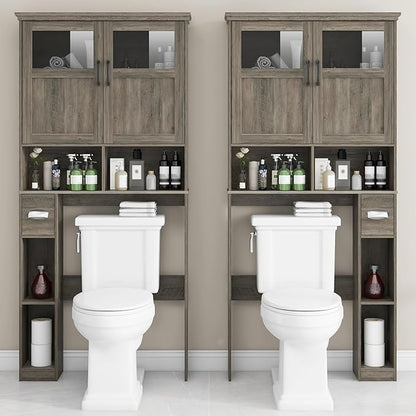 Vabches Over-The-Toilet Storage Cabinet with Double Doors, Toilet Paper Holder Stand & Adjustable Shelf, Freestanding Space Saver, Grey
