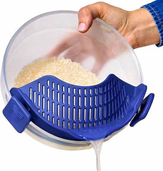 Anyday Silicone Clip On Strainer for Pots and Pans & Glass Dishes | Pot Strainer Silicone, Universal Clip On Pasta Strainer for Meat, Rice, & Vegetables (Blueberry)