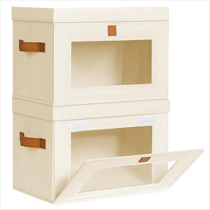 Homsorout Medium Fabric Storage bins - Collapsible Storage Bins with Open Window, 2 Pack Closet Baskets for Shelves, Stackable Decorative Boxes for Home, Dorm, Beige, 13.7"x 9.8"x 9.8"