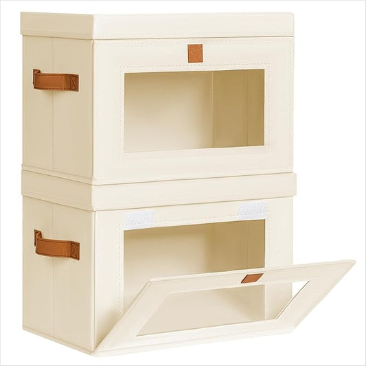 Homsorout Medium Fabric Storage bins - Collapsible Storage Bins with Open Window, 2 Pack Closet Baskets for Shelves, Stackable Decorative Boxes for Home, Dorm, Beige, 13.7"x 9.8"x 9.8"