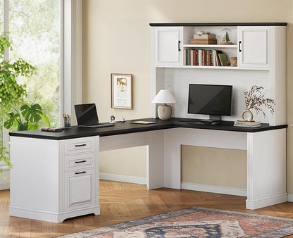 Itaar Farmhouse Executive L Shaped Desk, Home Office Desk with File Drawer and Power Outlet, Computer Corner Desk with Hutch and Drawer, Workstation for Office Home, White