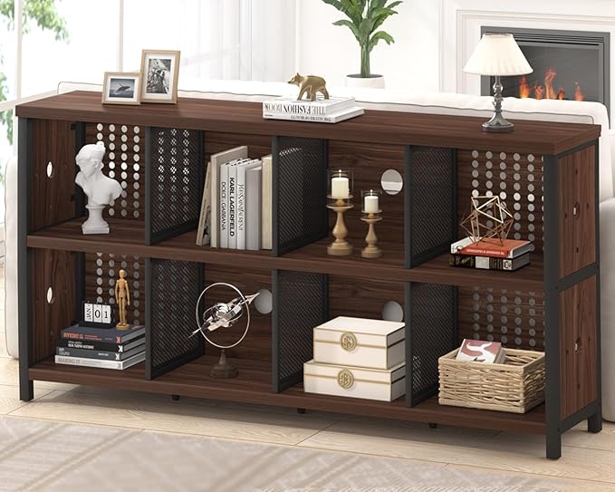 LVB Wood Horizontal Bookshelf, Industrial Long Bookcase Cube Shelf Organizer, Large Wide Low Wooden Metal Cube Book Shelf, Under Window Bookshelves for Office Bedroom Living Room, Walnut, 63 Inch