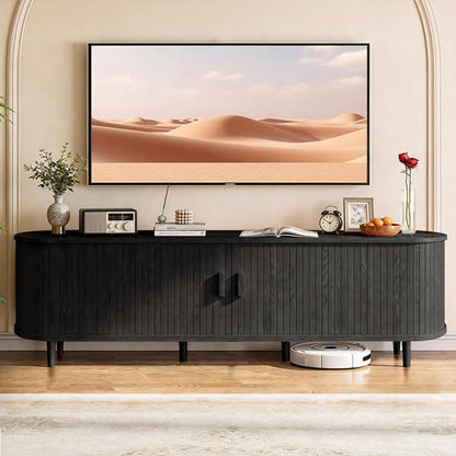 70" Mid Century Modern TV Stand with Power Outlet, Fluted Entertainment Center with Storage and Adjustable Shelves, Wood TV Console with Sliding Doors for Living Room, Black