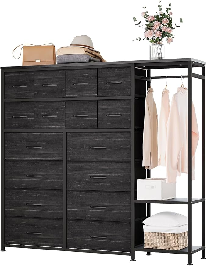 GarveeHome Dresser with 16 Drawers & Hanging Rod & Shelves, Fabric Storage Organizer for Bedroom, Closet, or Entryway